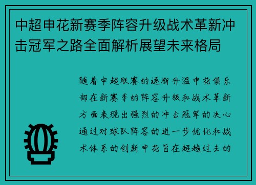 中超申花新赛季阵容升级战术革新冲击冠军之路全面解析展望未来格局